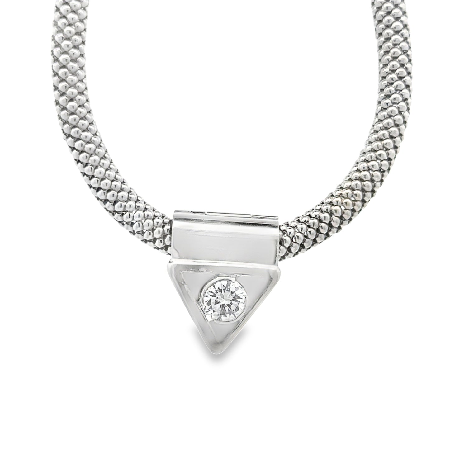18k White Gold Mesh Choker Necklace & 14k White Gold 1.67ct Round Brilliant Diamond Triangle Pendant — front view