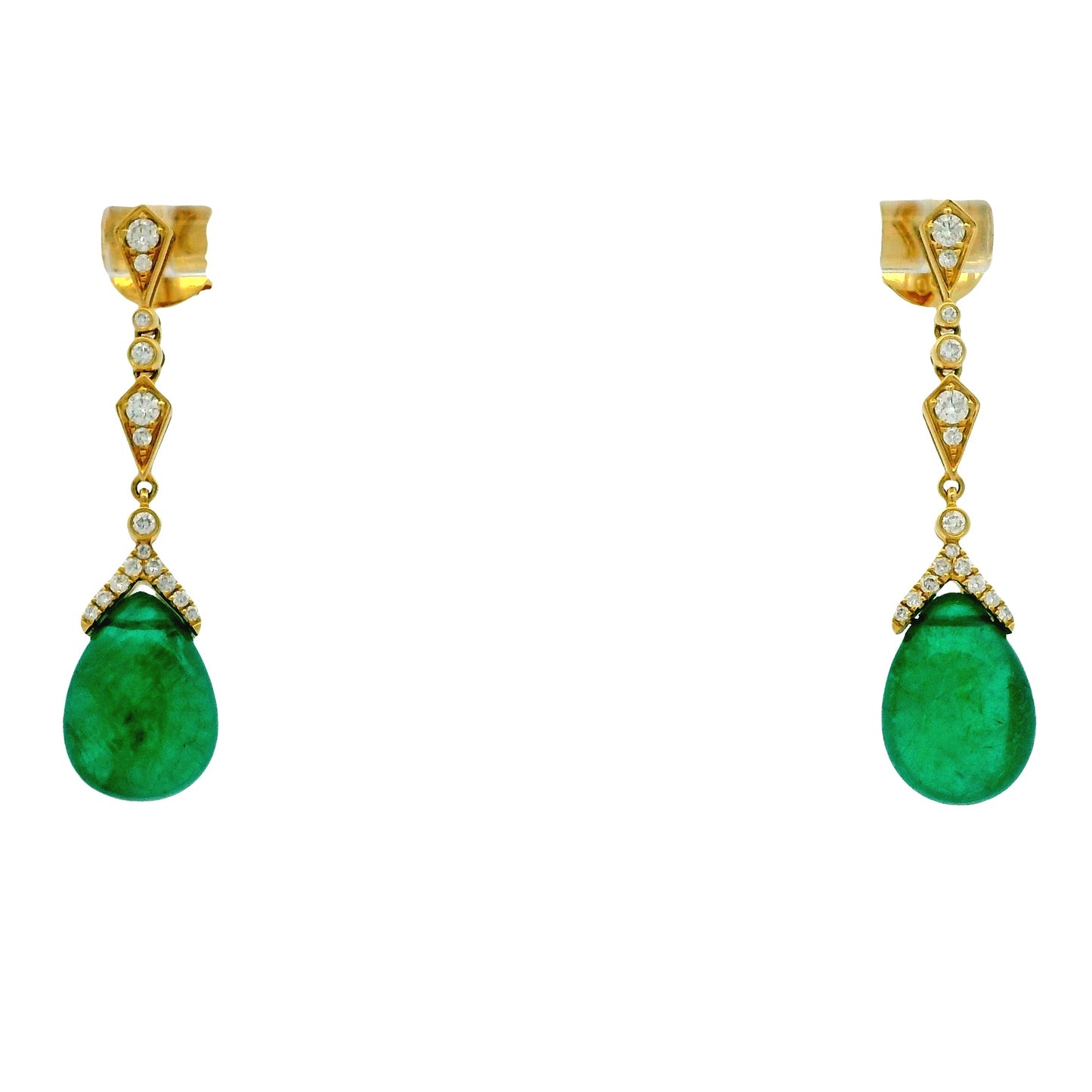 18k Yellow Gold GIA Certified 14.91ct Natural Emerald and 0.44ctw Round Diamond Dangle Earrings — front view, pair shown