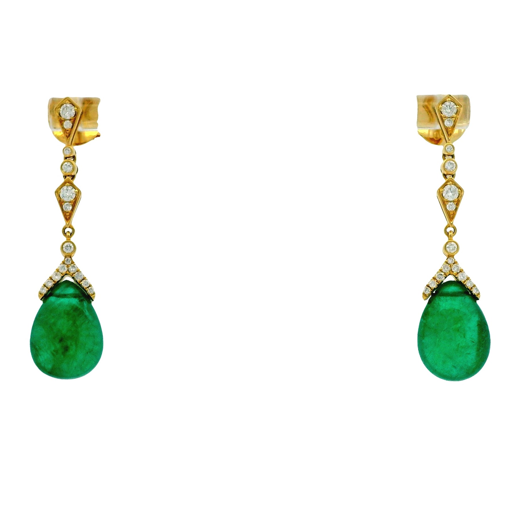 18k Yellow Gold GIA Certified 14.91ct Natural Emerald and 0.44ctw Round Diamond Dangle Earrings — front view, pair shown