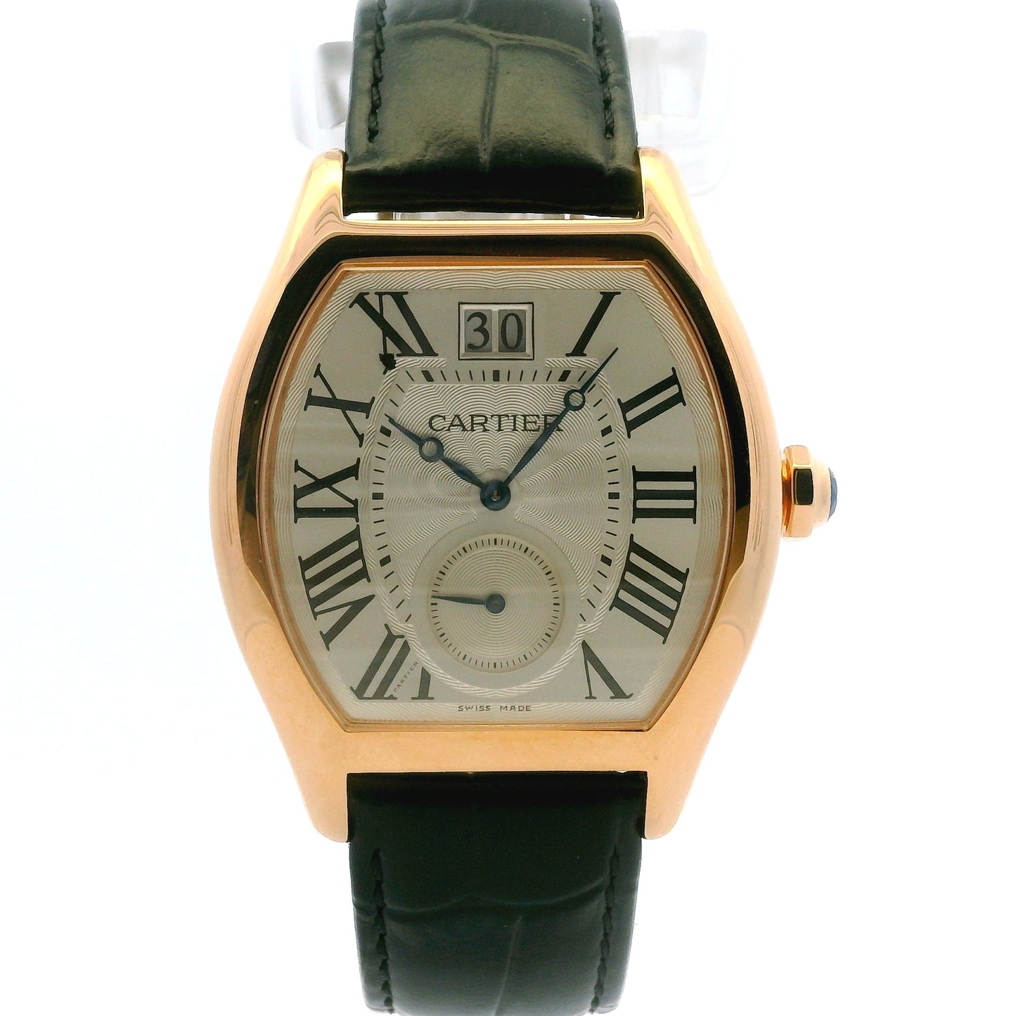 Cartier Tortue 18k Rose Gold 38mm Silver Dial Black Strap Watch — front view