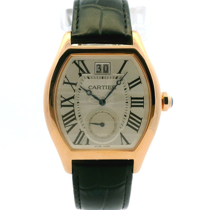 Cartier Tortue 18k Rose Gold 38mm Silver Dial Black Strap Watch — front view