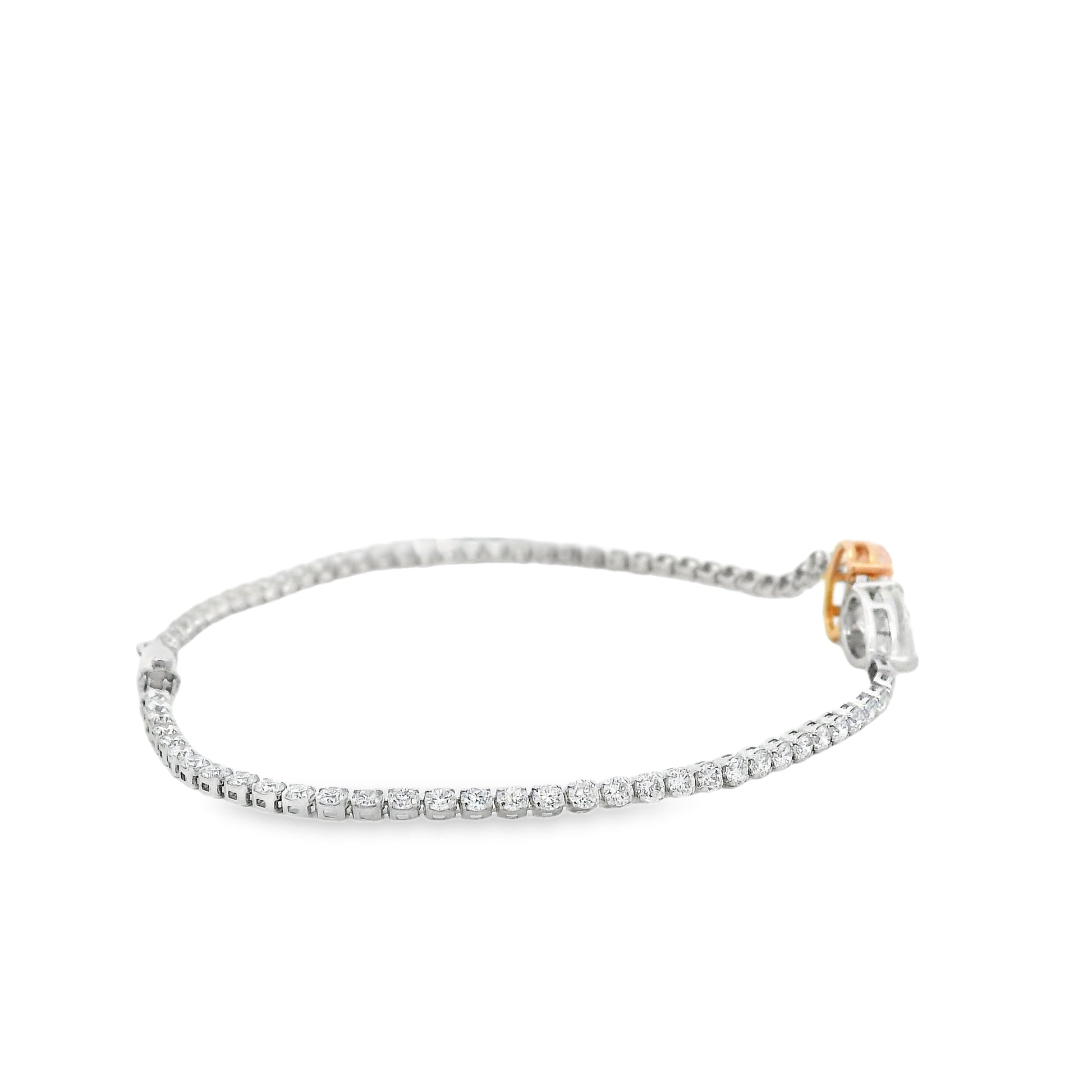 14k White and Rose Gold 4.08ctw Lab Grown Pink Oval, Pear & Round Diamond Two-Tone Tennis Bracelet — front view, clasp closed