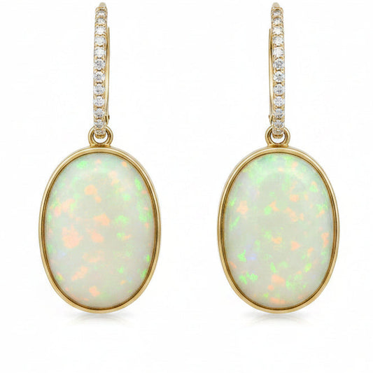 14k Yellow Gold 16.61ct Opal and 0.25ctw Diamond Earrings — front view, pair shown
