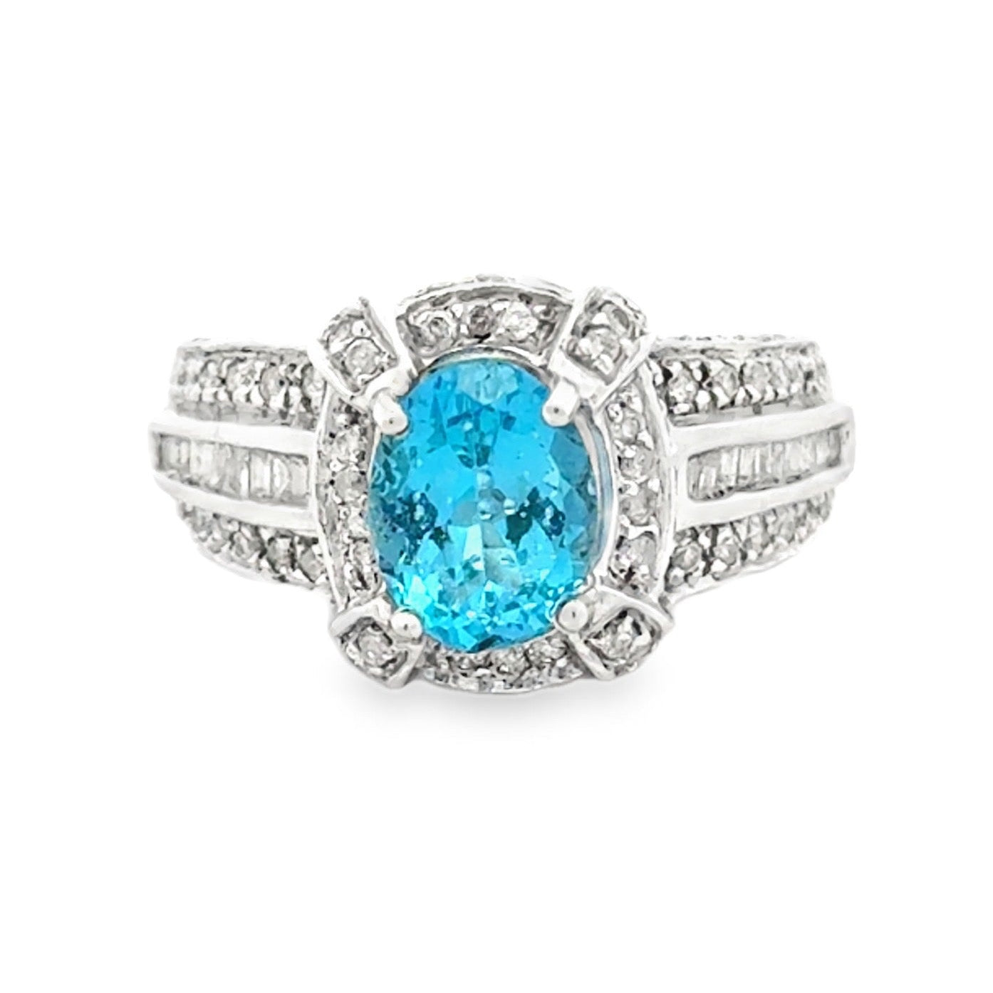 White Gold Oval Blue Gemstone Halo Cocktail Ring — front view