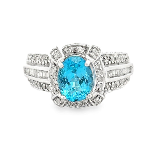 White Gold Oval Blue Gemstone Halo Cocktail Ring — front view