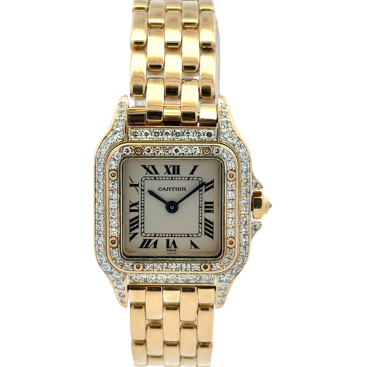 Cartier Mini Panthere 18k Yellow Gold Diamond Bezel Roman Numeral Watch — front view