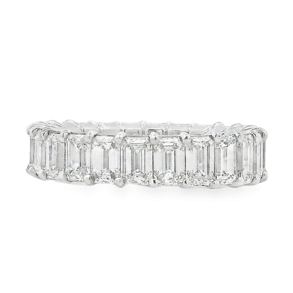 18k White Gold 4.76ctw Natural Emerald Cut Emerald Eternity Band Ring — top-down view