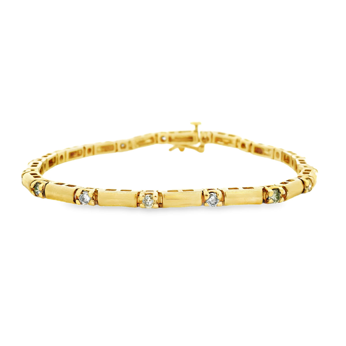 14k Yellow Gold 1.70ctw Round Brilliant Natural Diamond Tennis Bracelet — front view, clasp closed