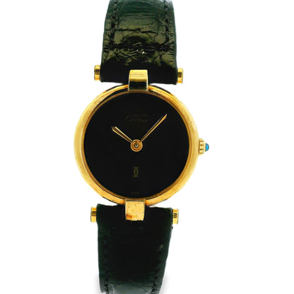 Must de Cartier Vendome 18k Gold Plated Black Dial Leather Strap Watch — front view