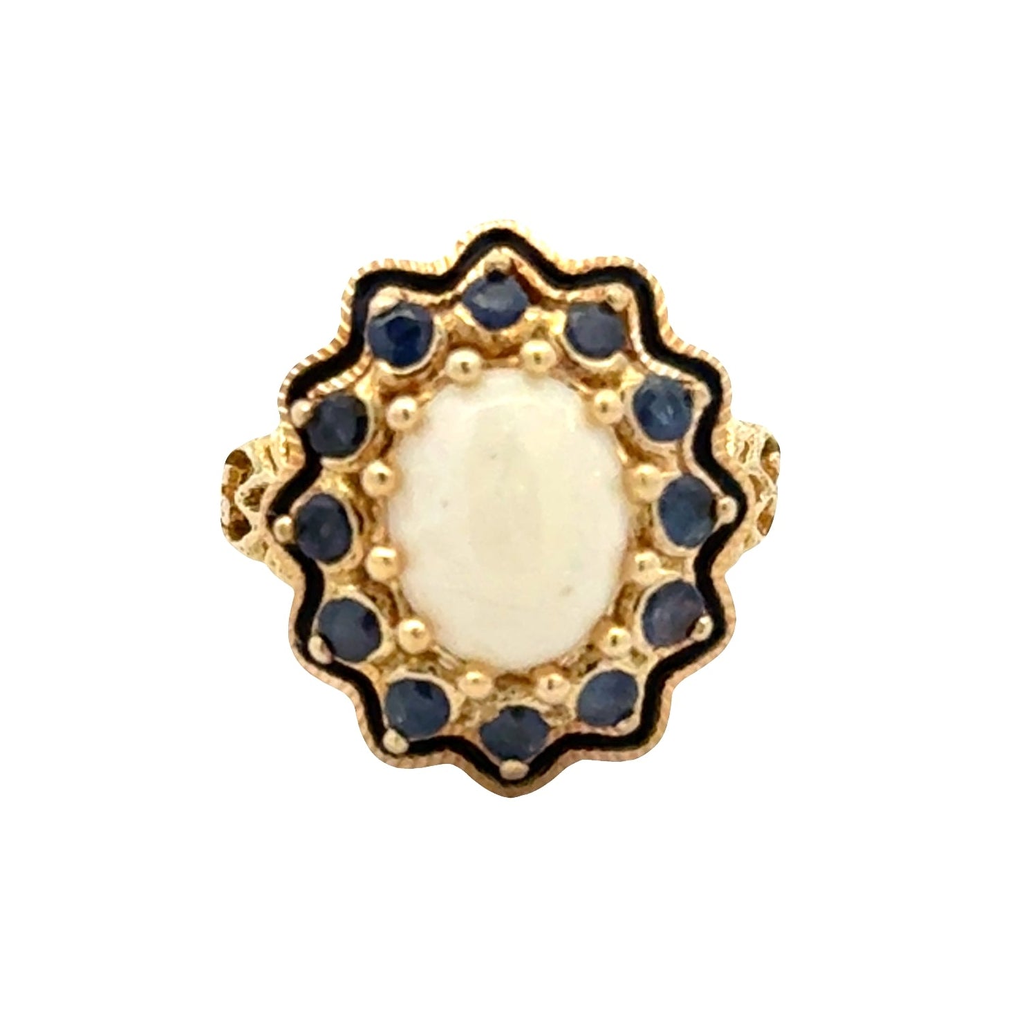 Vintage 18k Yellow Gold Opal and Blue Sapphire Halo Cocktail Ring — top-down view
