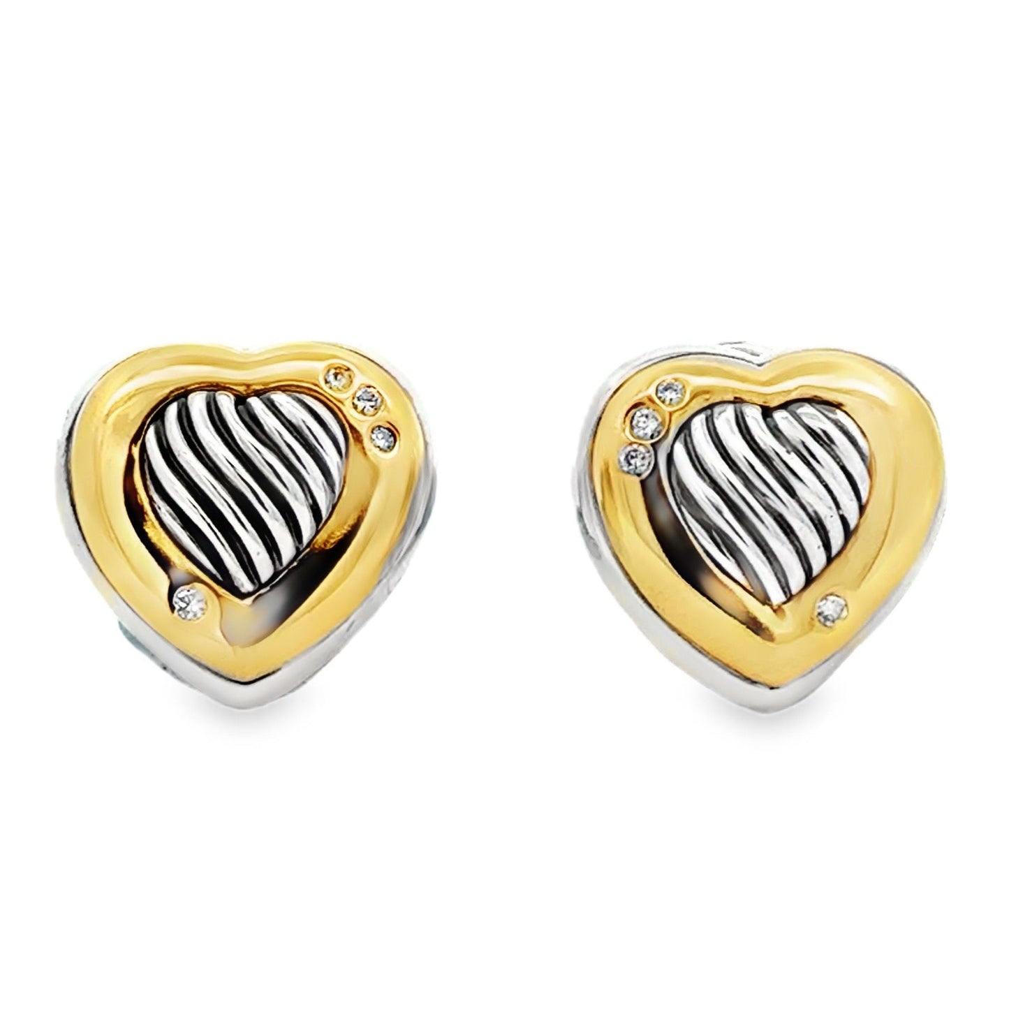 David Yurman 18k Yellow Gold and Sterling Silver 0.10ctw Round Diamond Heart Clip-On Earrings — front view, pair shown