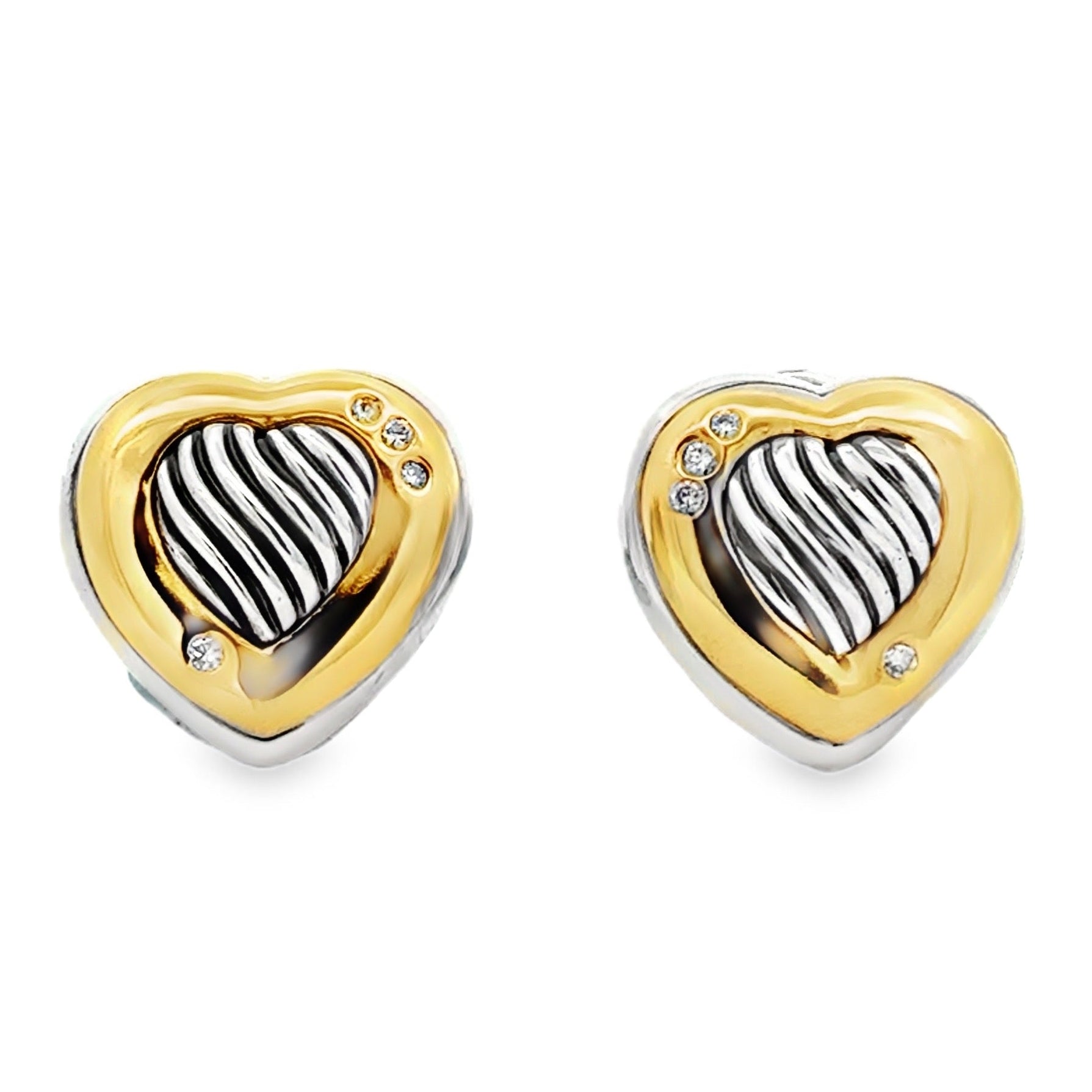 David Yurman 18k Yellow Gold and Sterling Silver 0.10ctw Round Diamond Heart Clip-On Earrings — front view, pair shown