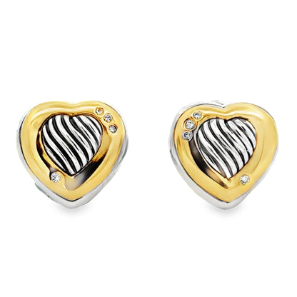 David Yurman 18k Yellow Gold and Sterling Silver 0.10ctw Round Diamond Heart Clip-On Earrings — front view, pair shown