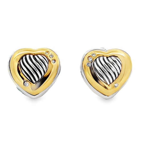 David Yurman 18k Yellow Gold and Sterling Silver 0.10ctw Round Diamond Heart Clip-On Earrings — front view, pair shown