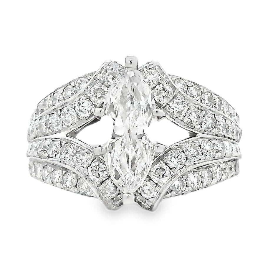 14k White Gold 0.90ct Marquise Diamond and 2.0ctw Round Brilliant Diamond Ring — top-down view