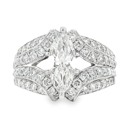14k White Gold 0.90ct Marquise Diamond and 2.0ctw Round Brilliant Diamond Ring — top-down view