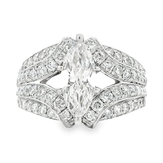 14k White Gold 0.90ct Marquise Diamond and 2.0ctw Round Brilliant Diamond Ring — top-down view