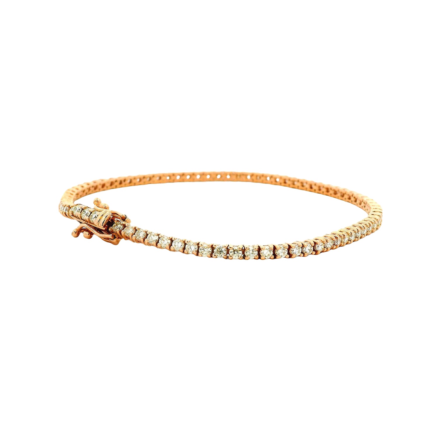 14k Rose Gold 2.40ctw Round Brilliant Diamond Tennis Bracelet — front view, clasp closed