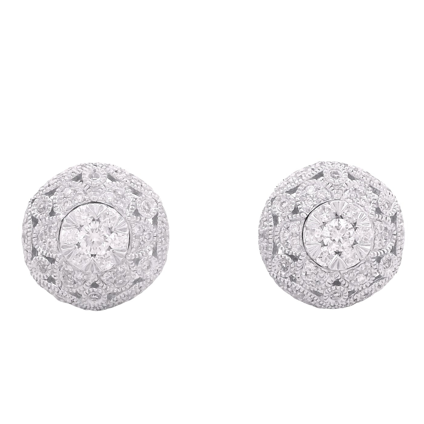 Effy 14k White Gold 0.50ctw Round Brilliant Diamond Pavé Button Stud Earrings — front view, pair shown