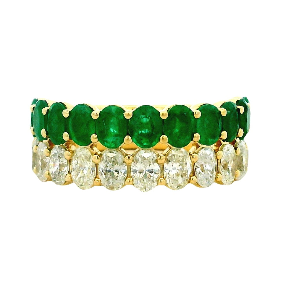 14k Yellow Gold 1.52ct Oval Diamond and 1.85ctw Emerald Two-Row Cocktail Ring — top-down view