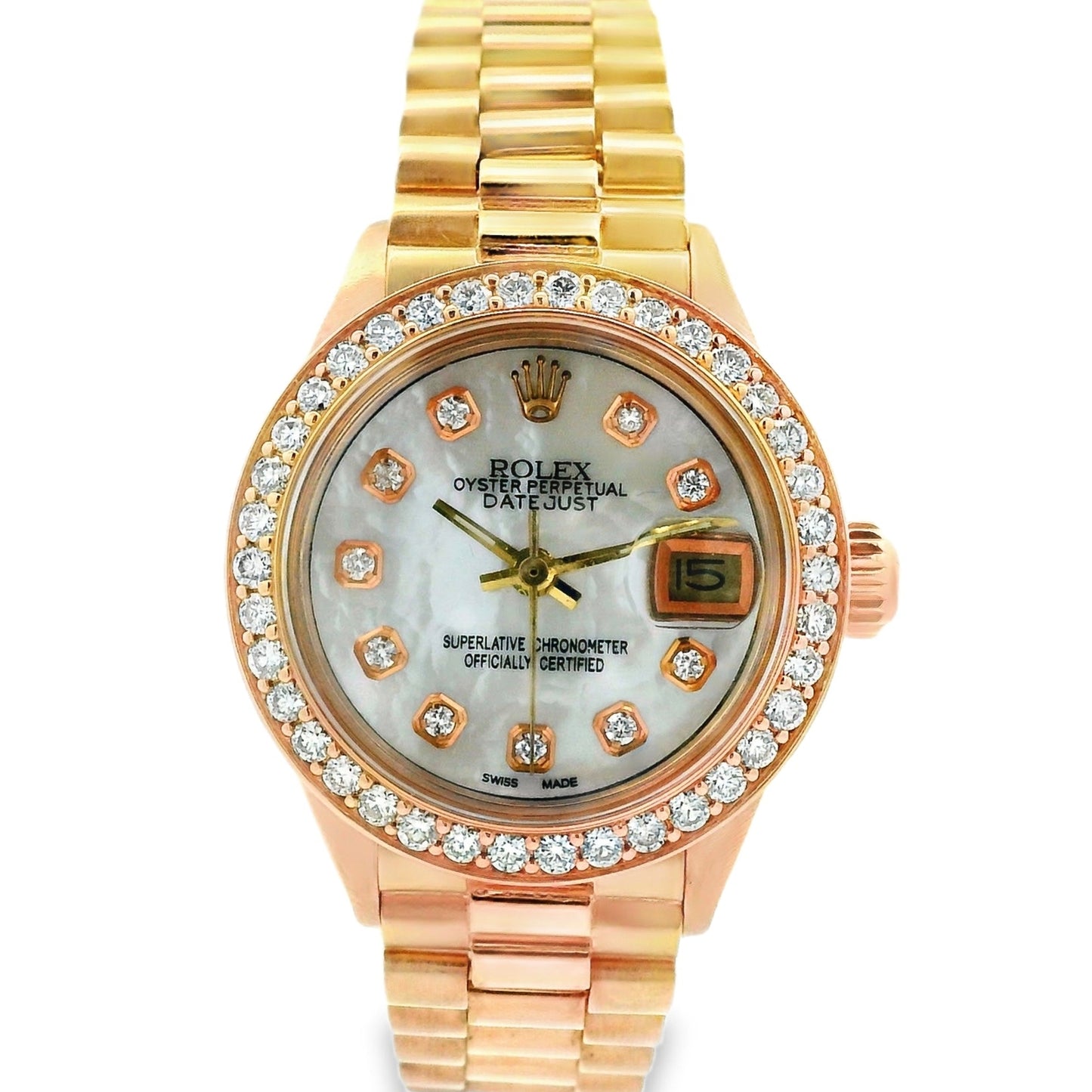 Rolex 6916 Datejust 26mm Mother of Pearl Diamond Dial Rose Gold President Watch — front view