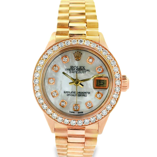 Rolex 6916 Datejust 26mm Mother of Pearl Diamond Dial Rose Gold President Watch — front view
