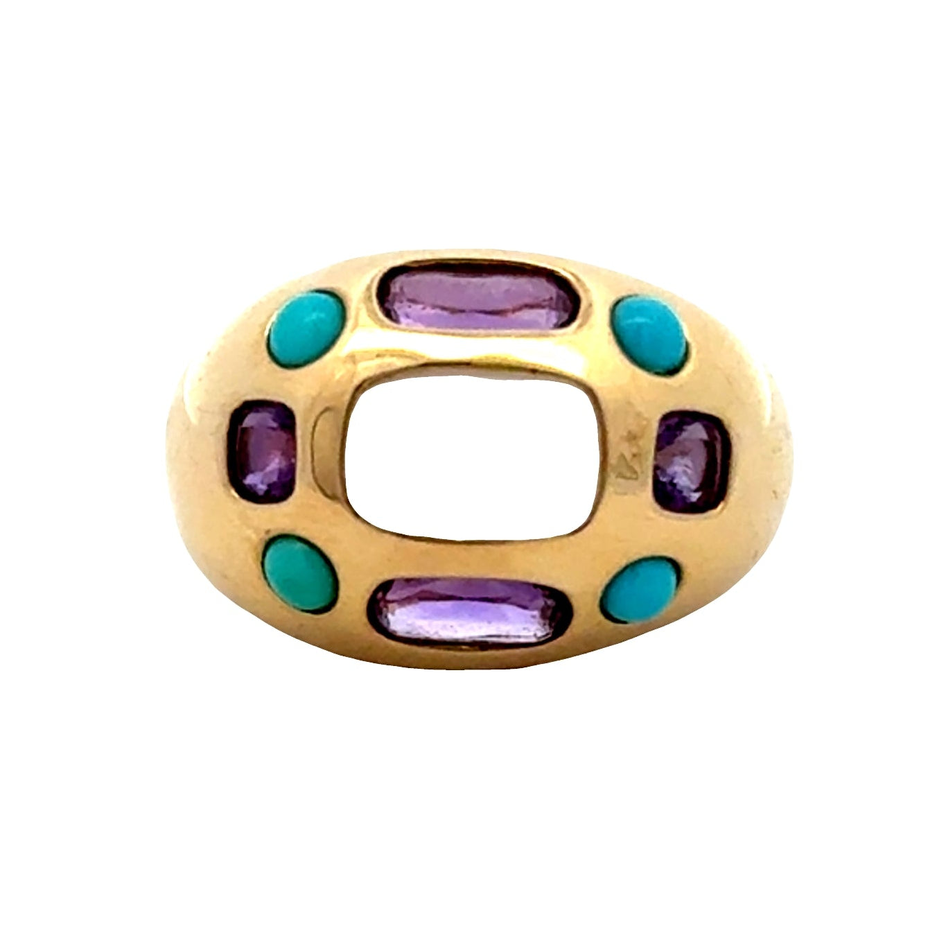 14k Yellow Gold Amethyst and Turquoise Cluster Dome Cocktail Ring — top-down view
