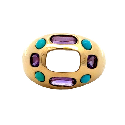 14k Yellow Gold Amethyst and Turquoise Cluster Dome Cocktail Ring — top-down view