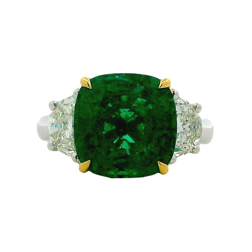 Platinum & 18k Yellow Gold 5.90ct Cushion Cut Vivid Green Emerald and Diamond Three-Stone Ring — top-down view