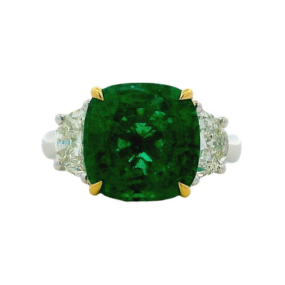 Platinum & 18k Yellow Gold 5.90ct Cushion Cut Vivid Green Emerald and Diamond Three-Stone Ring — top-down view