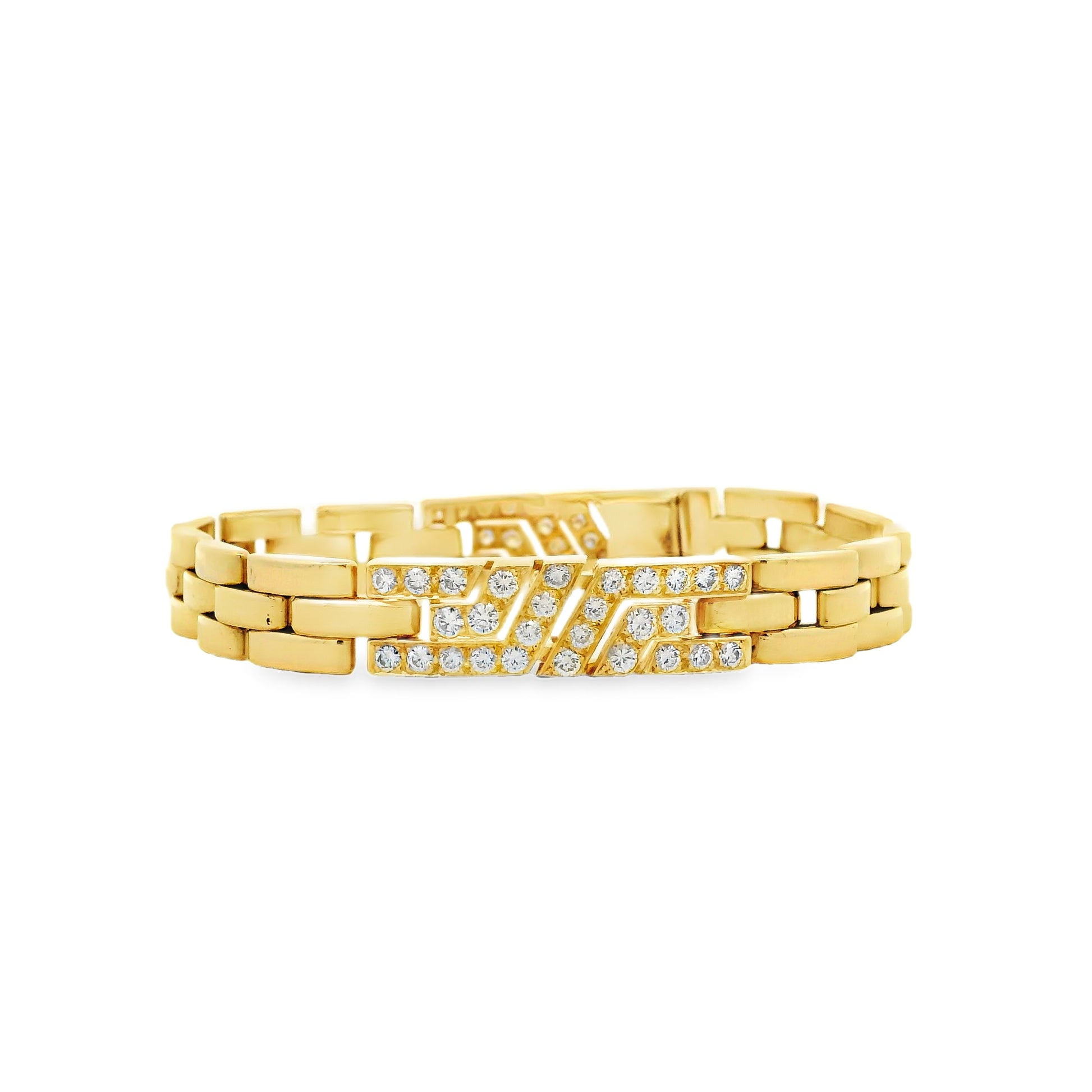 Vintage Cartier 18k Yellow Gold Pavé Diamond Panthère Link Bracelet — front view, clasp closed