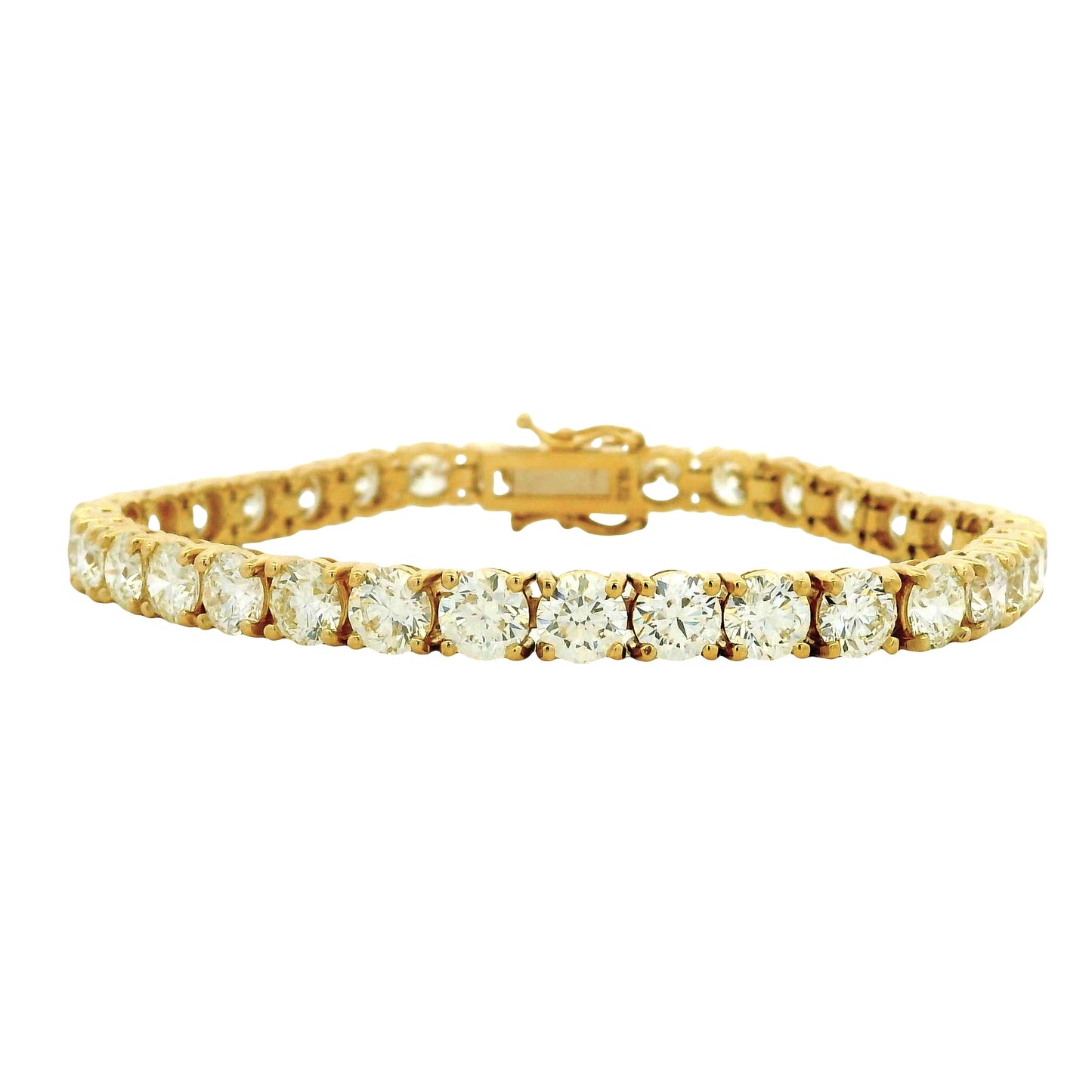 18k Yellow Gold 16.72ctw Round Brilliant Natural Diamond Tennis Bracelet — front view, clasp closed