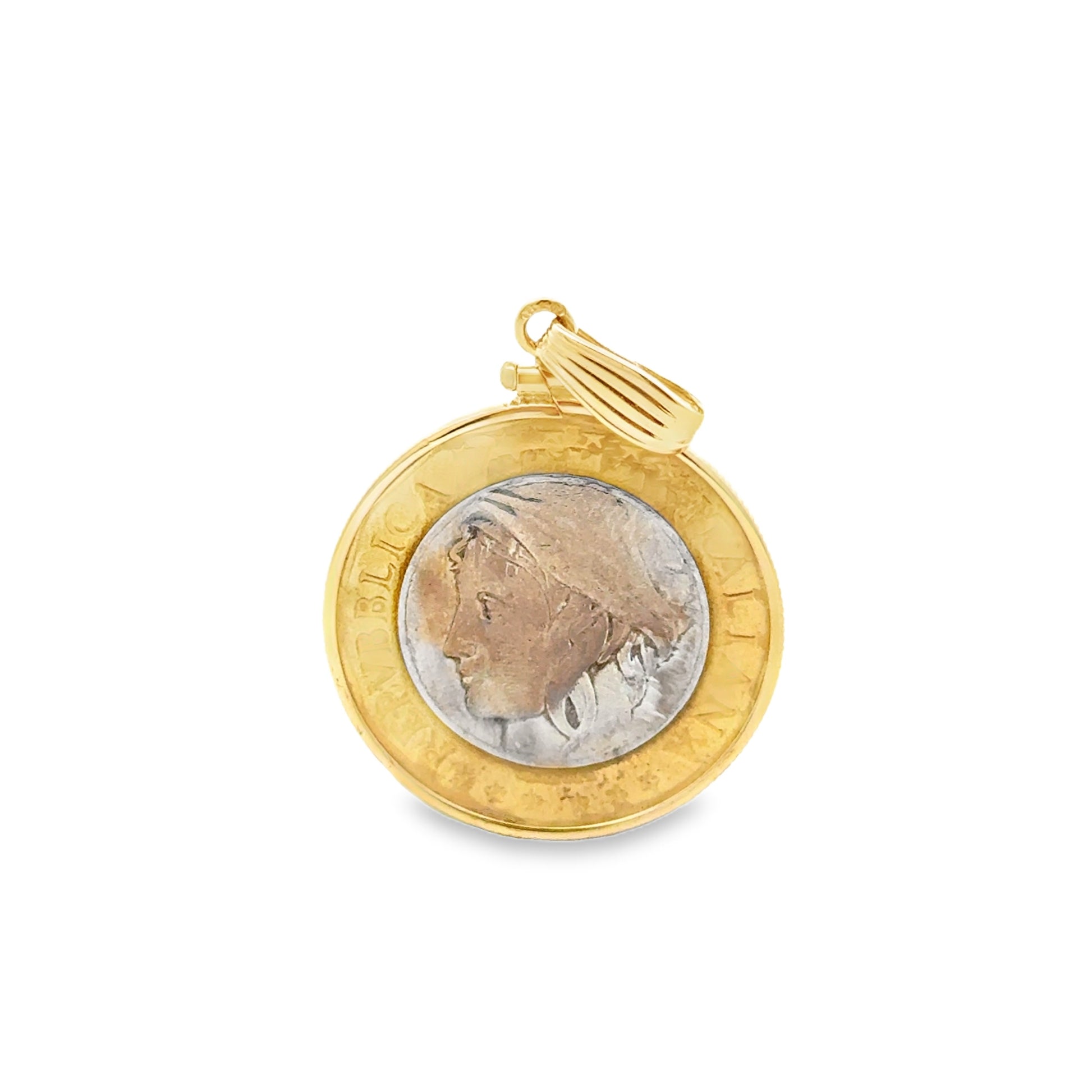 14k Yellow Gold Repubblica Italiana Coin Pendant — front view
