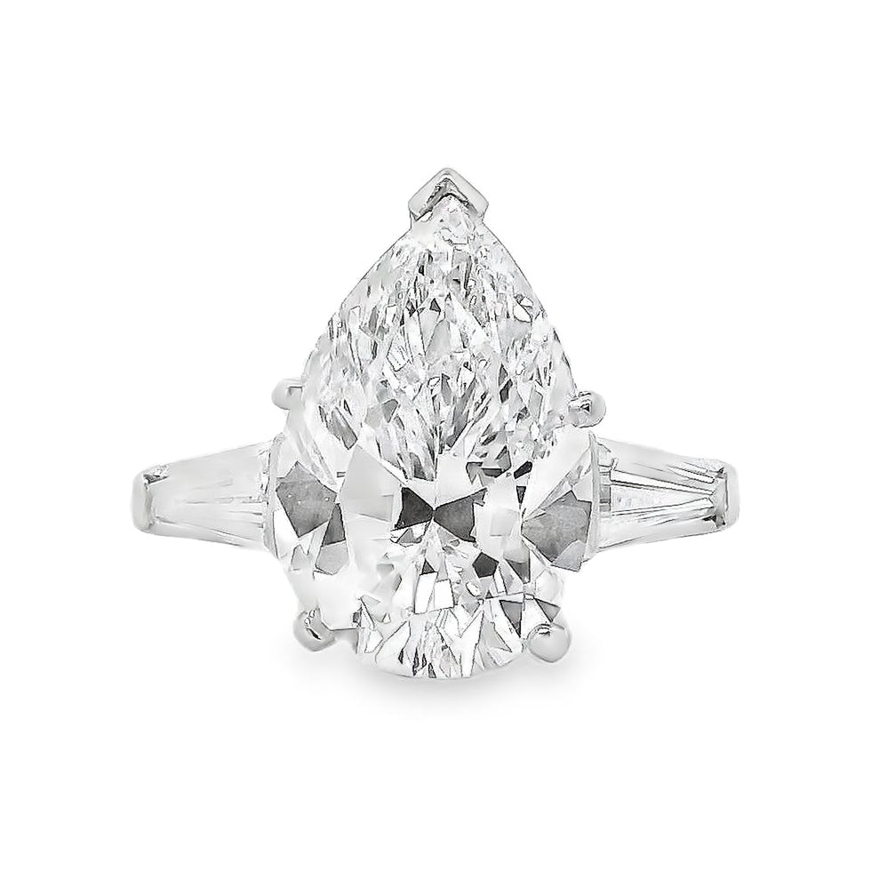 Platinum 4.69ct GIA Pear Cut Diamond Tapered Baguette Three-Stone Engagement Ring — top-down view