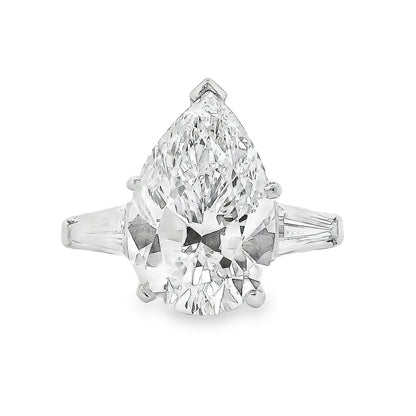 Platinum 4.69ct GIA Pear Cut Diamond Tapered Baguette Three-Stone Engagement Ring — top-down view