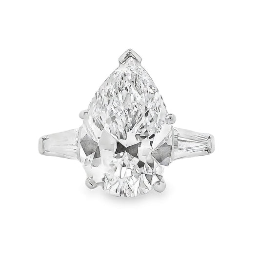 Platinum 4.69ct GIA Pear Cut Diamond Tapered Baguette Three-Stone Engagement Ring — top-down view