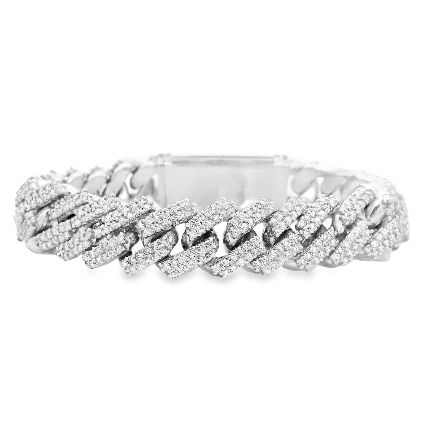 10k White Gold 13.35ctw Natural Diamond Cuban Chain Link Bracelet — front view, clasp closed