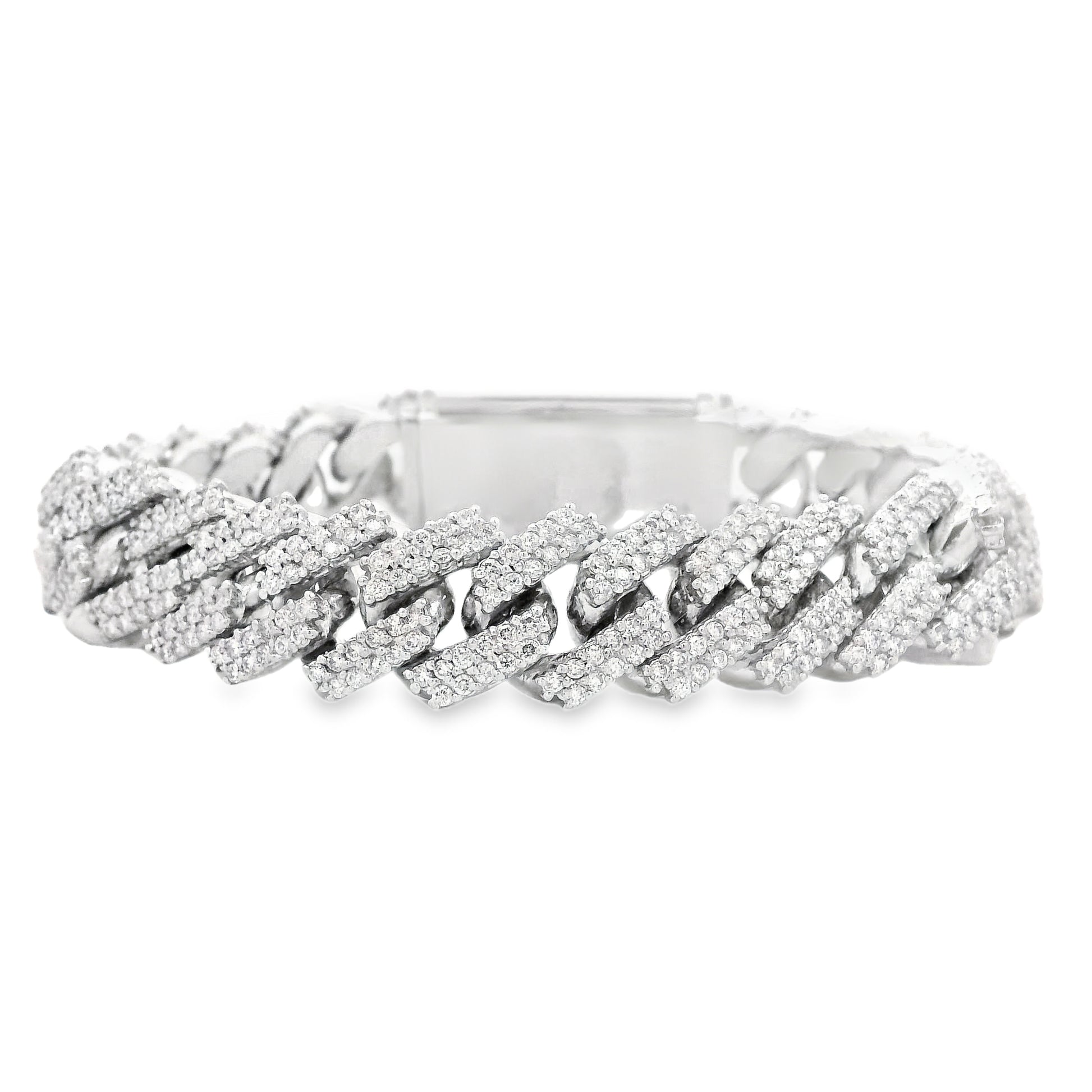 10k White Gold 13.35ctw Natural Diamond Cuban Chain Link Bracelet — front view, clasp closed