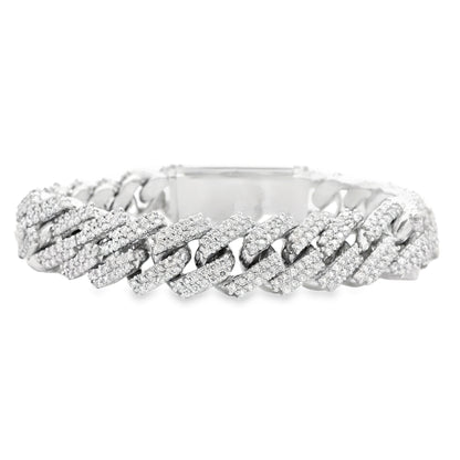 10k White Gold 13.35ctw Natural Diamond Cuban Chain Link Bracelet — front view, clasp closed