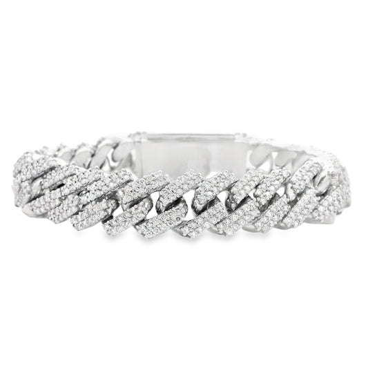 10k White Gold 13.35ctw Natural Diamond Cuban Chain Link Bracelet — front view, clasp closed