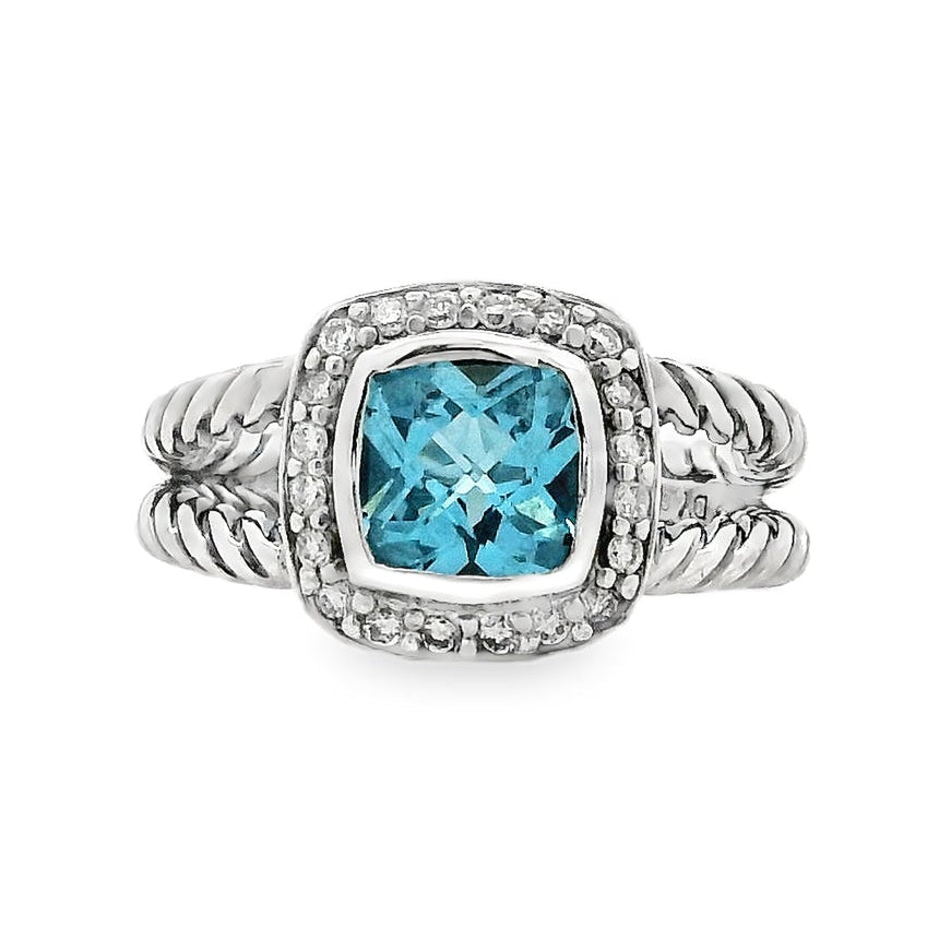 David Yurman Petite Albion Sterling Silver Blue Topaz and Diamond Ring — top-down view
