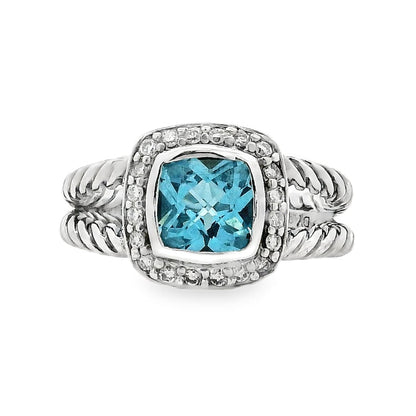 David Yurman Petite Albion Sterling Silver Blue Topaz and Diamond Ring — top-down view