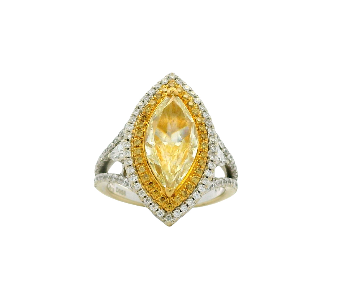 18k Two-Tone Gold 2.01ct Fancy Yellow Marquise Diamond Double Halo Ring with 0.76ctw Accent Diamonds — top-down view