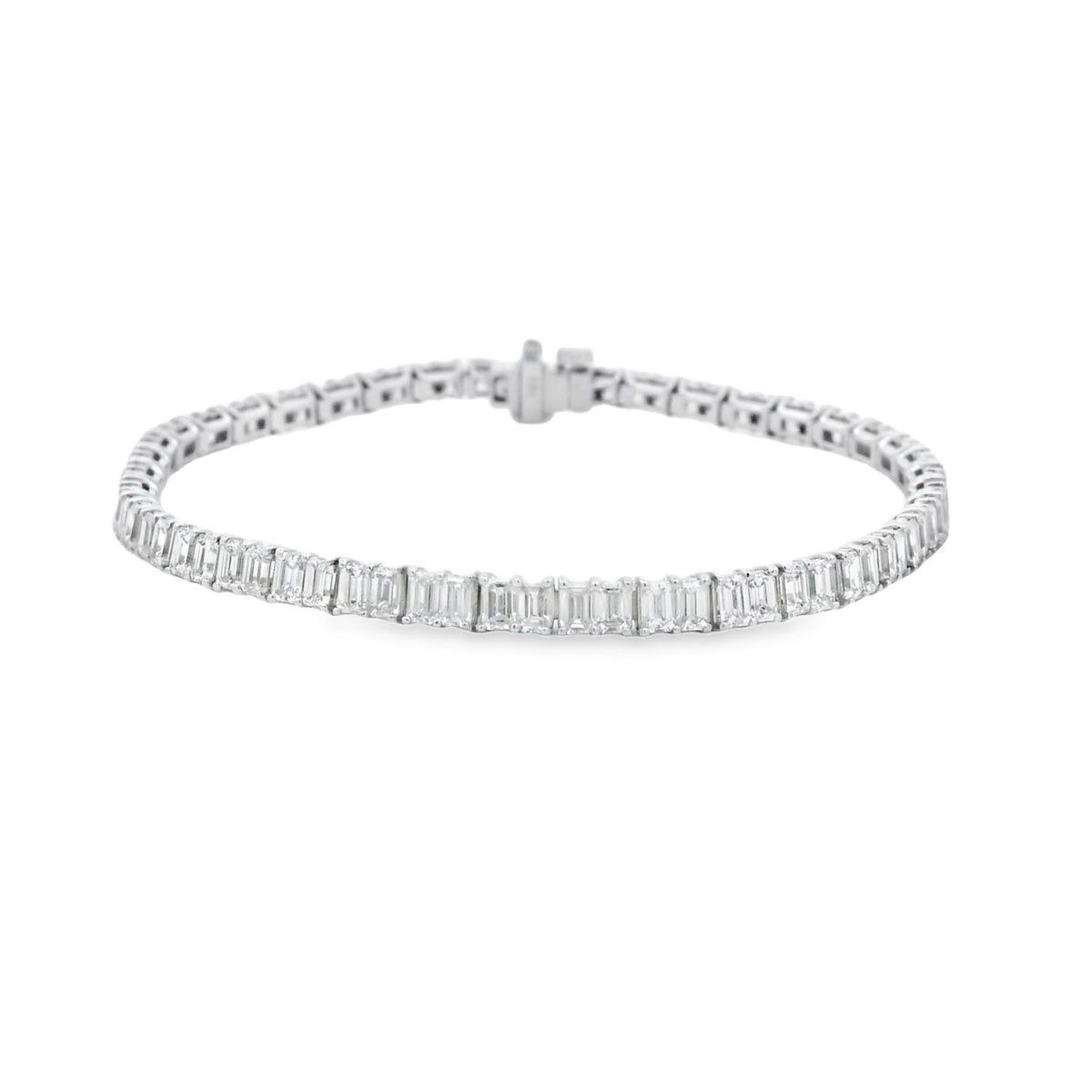 18k White Gold 6.80ctw Emerald Cut Diamond Tennis Bracelet — front view, clasp closed