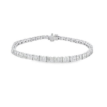 18k White Gold 6.80ctw Emerald Cut Diamond Tennis Bracelet — front view, clasp closed