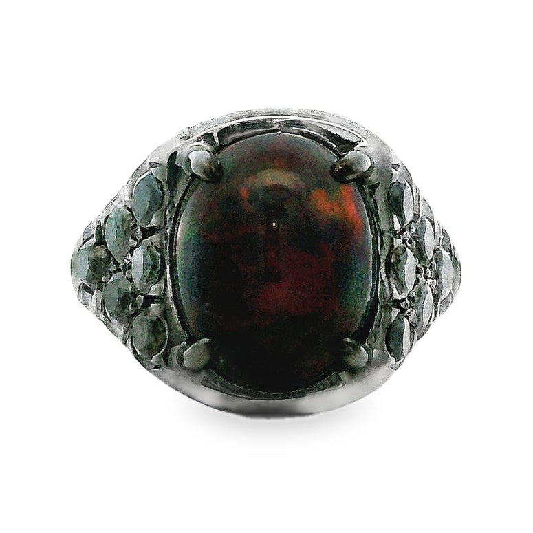 18k White Gold 1.50ct Oval Black Opal and 0.50ctw Pavé Diamond Ring — top-down view