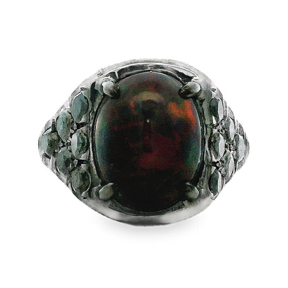 18k White Gold 1.50ct Oval Black Opal and 0.50ctw Pavé Diamond Ring — top-down view
