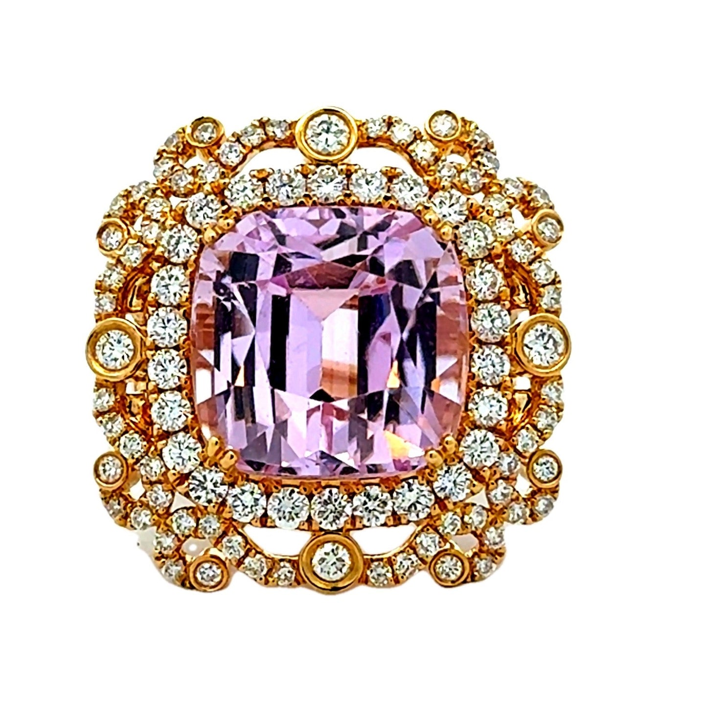 18k Yellow Gold GIA Certified 17.51ct Kunzite and 1.97ctw Diamond Halo Ring — top-down view