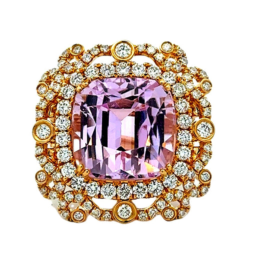 18k Yellow Gold GIA Certified 17.51ct Kunzite and 1.97ctw Diamond Halo Ring — top-down view