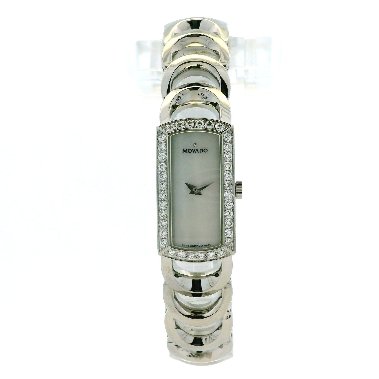 Movado Rondiro 0606007 Mother of Pearl Diamond Bezel Rectangle Stainless Steel Watch — front view